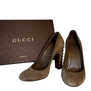 Gucci 297174 Brown Suede Studded Block Heel Pumps Round Toe Shoes Womens 37.5